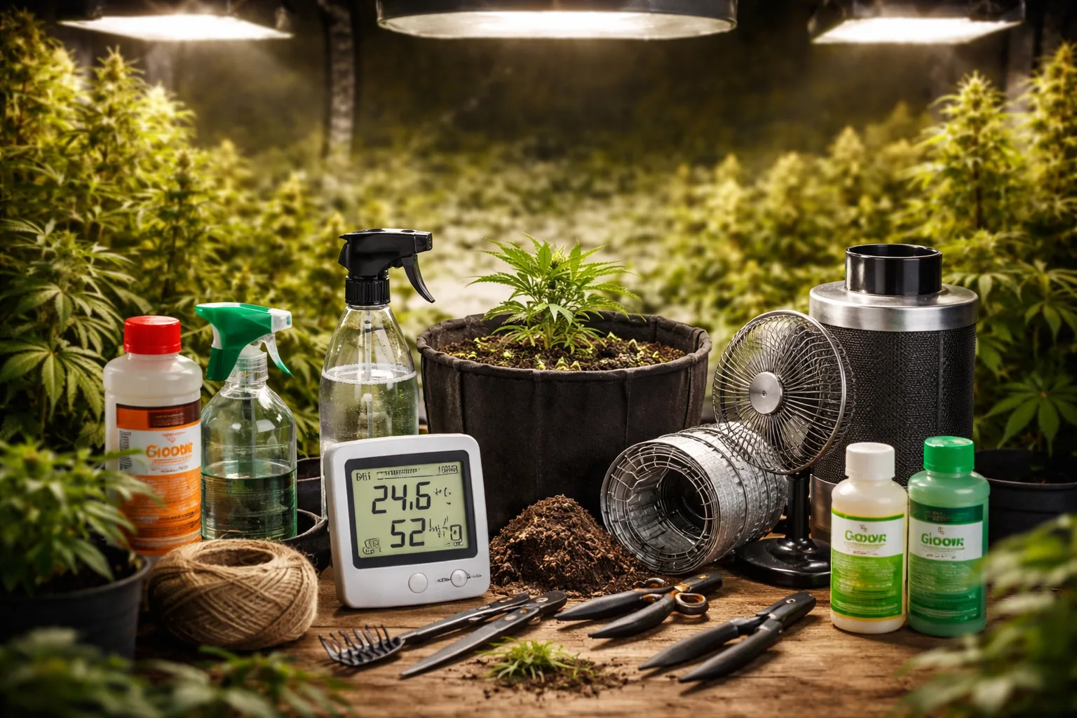 Grow-Zubehör vor Cannabispflanzen: Dünger, Sprühflasche, Hygrometer, Ventilator und Werkzeug