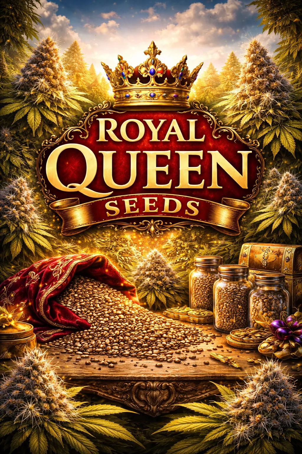 Royal-Queen-Seeds-Logo mit Krone über Pflanzen und Samen