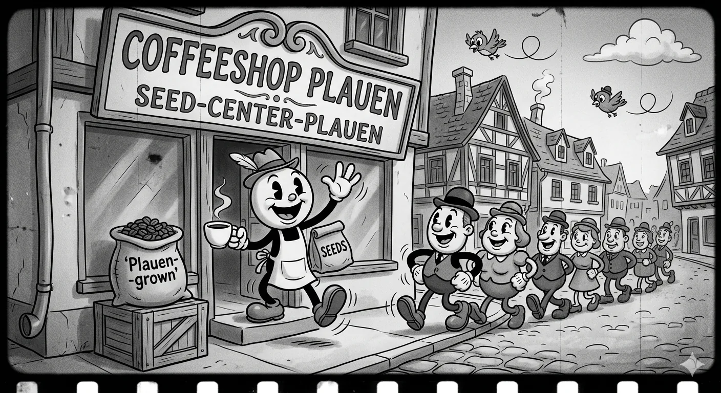 Gezeichnete Ladenfront des Coffeeshop Plauen mit Seed-Center