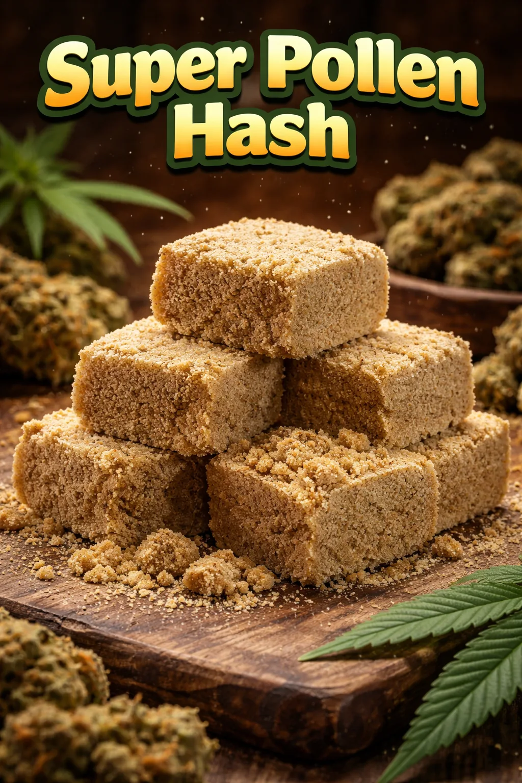 Super Pollen Hash in Würfeln auf einem Holzbrett