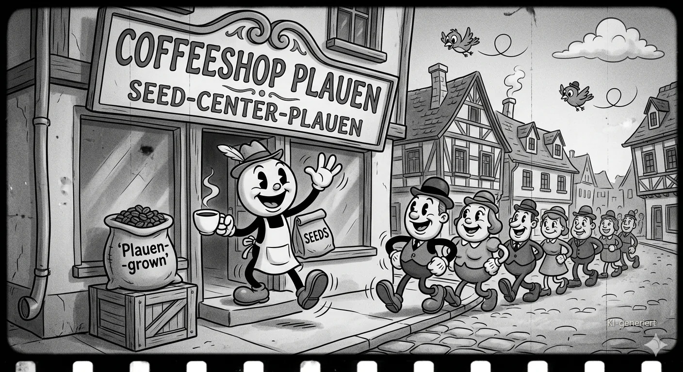 Gezeichnete Ladenfront des Coffeeshop Plauen mit Seed-Center (KI-generiert)
