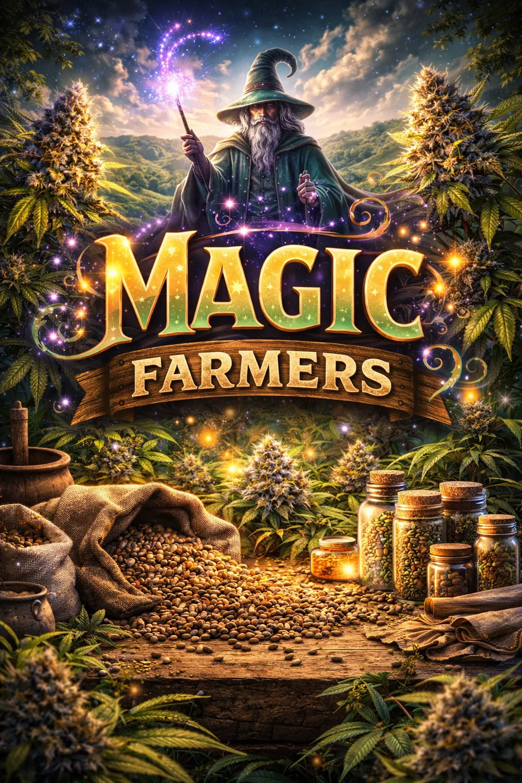 Magic-Farmers-Logo mit Zauberer über Pflanzen und Samen