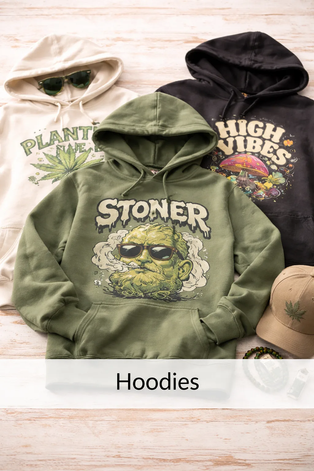 Hoodies mit Cannabis-Designs in Grün, Schwarz und Beige