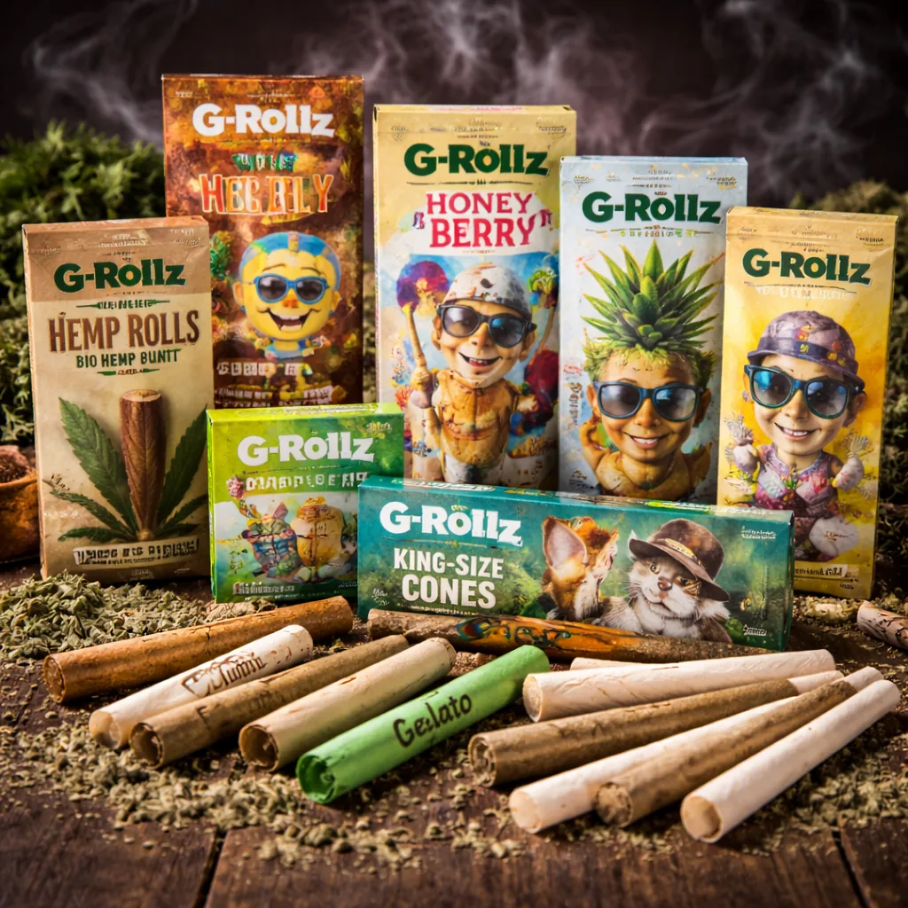 G-Rollz Cones und Hemp Rolls in bunten Verpackungen