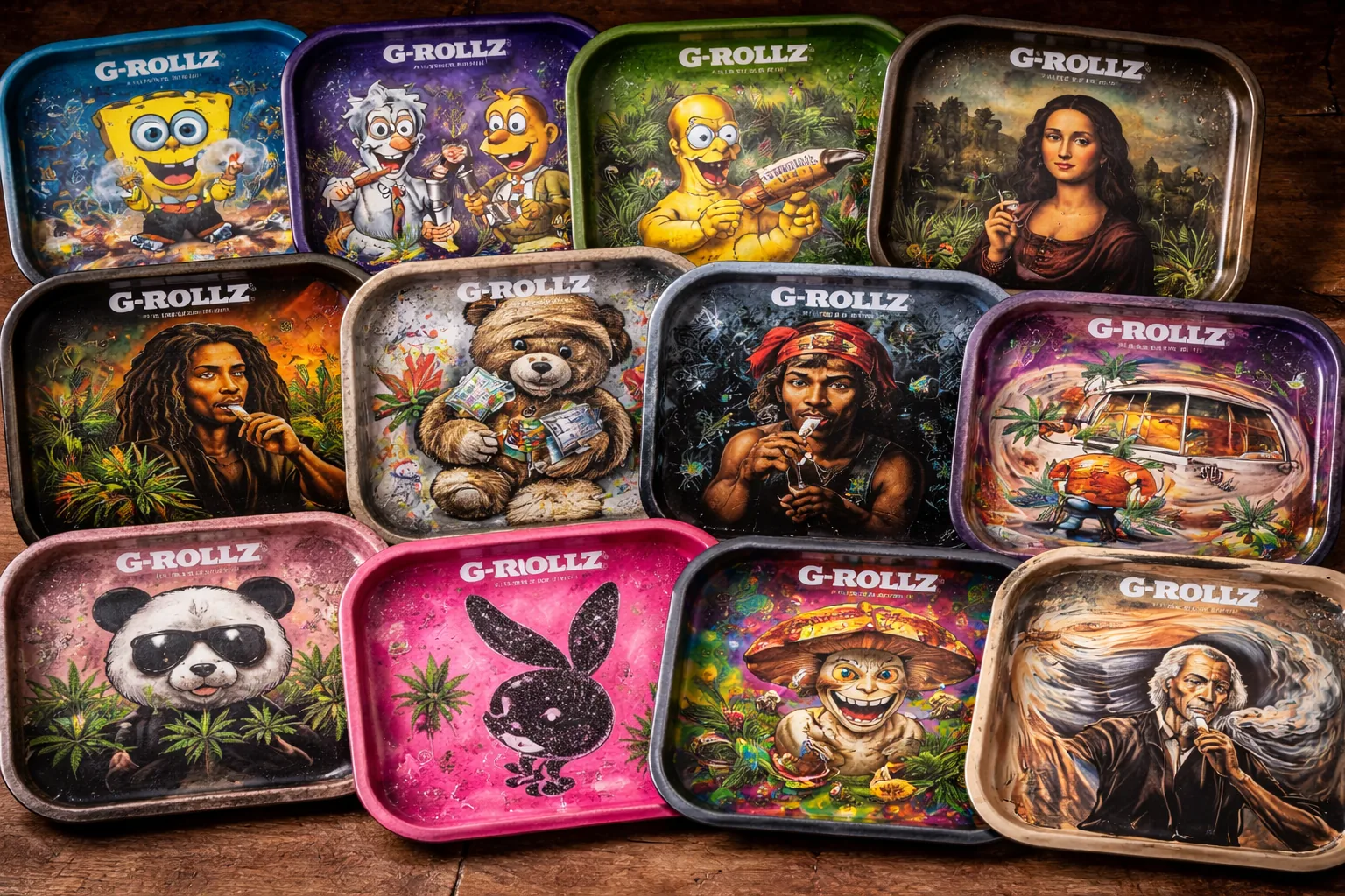 Bunte G-Rollz-Drehunterlagen aus Metall mit Cannabis-Motiven
