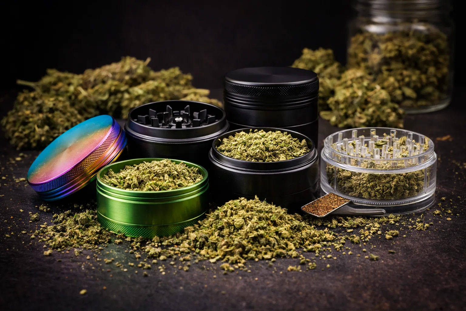 Grinder aus Metall in verschiedenen Farben mit gemahlenen Kräutern