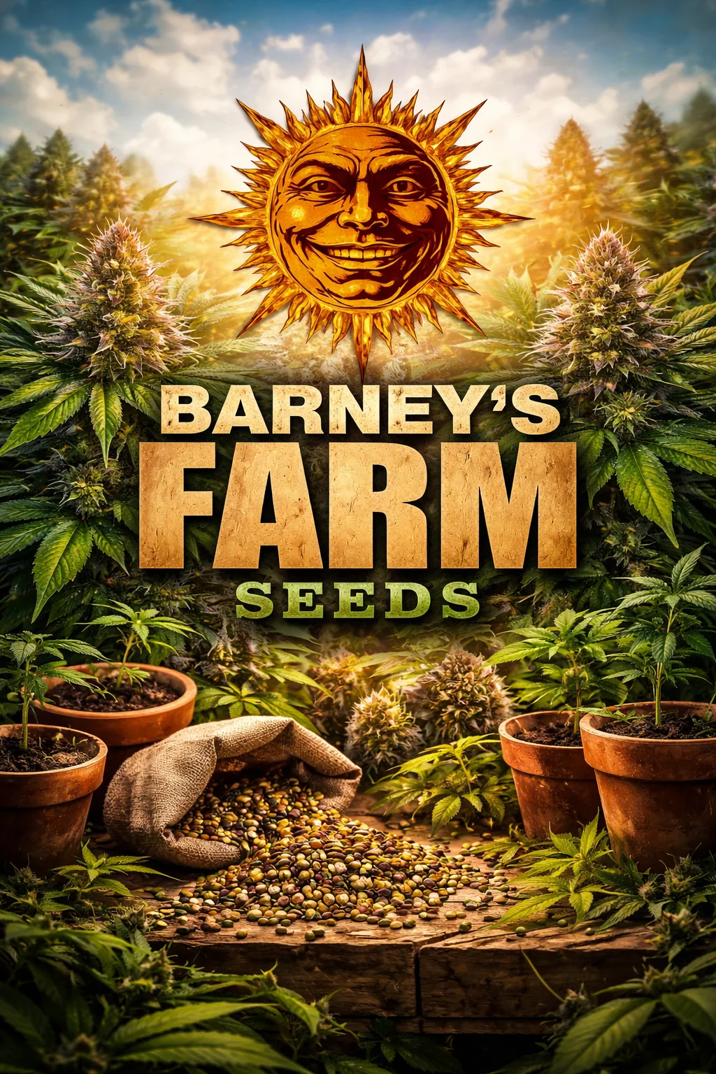 Barney’s-Farm-Logo mit Sonne über Pflanzen und Samensäcken