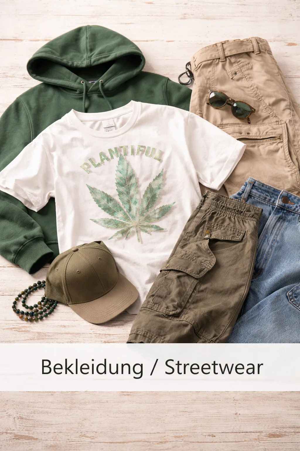 Streetwear-Outfit mit grünem Hoodie, Shirt, Hose und Cap