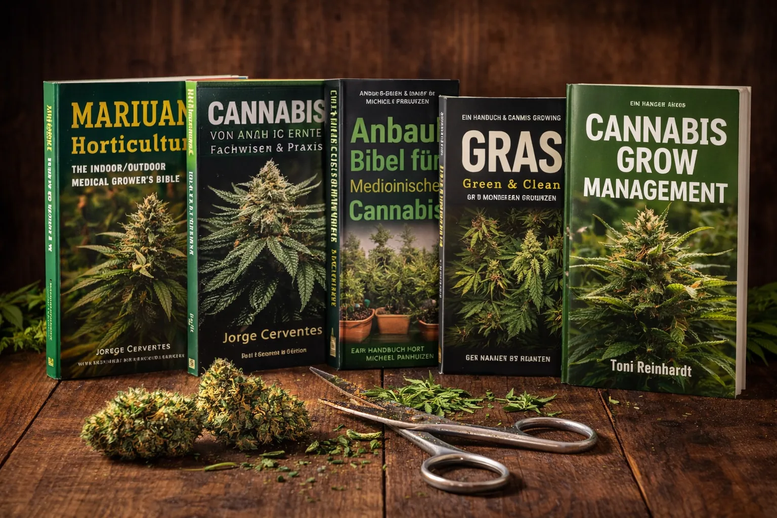 Fünf Bücher über den Cannabisanbau mit Blüten und Schere auf einem Holztisch