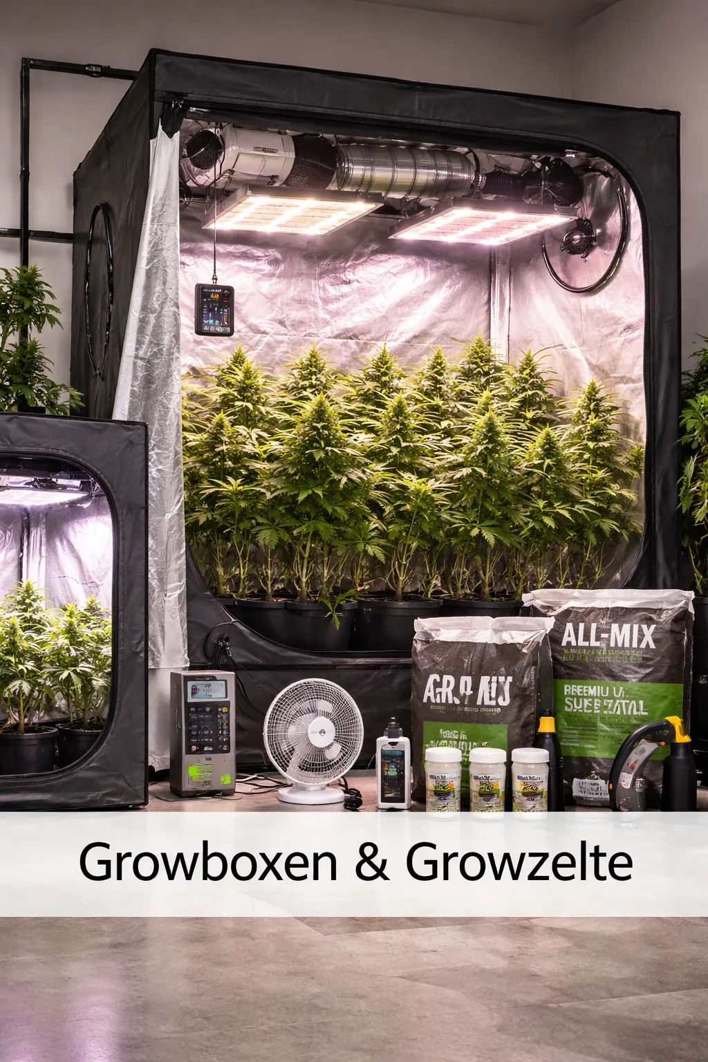 Ausgestattetes Growzelt mit Pflanzen, Beleuchtung und Zubehör