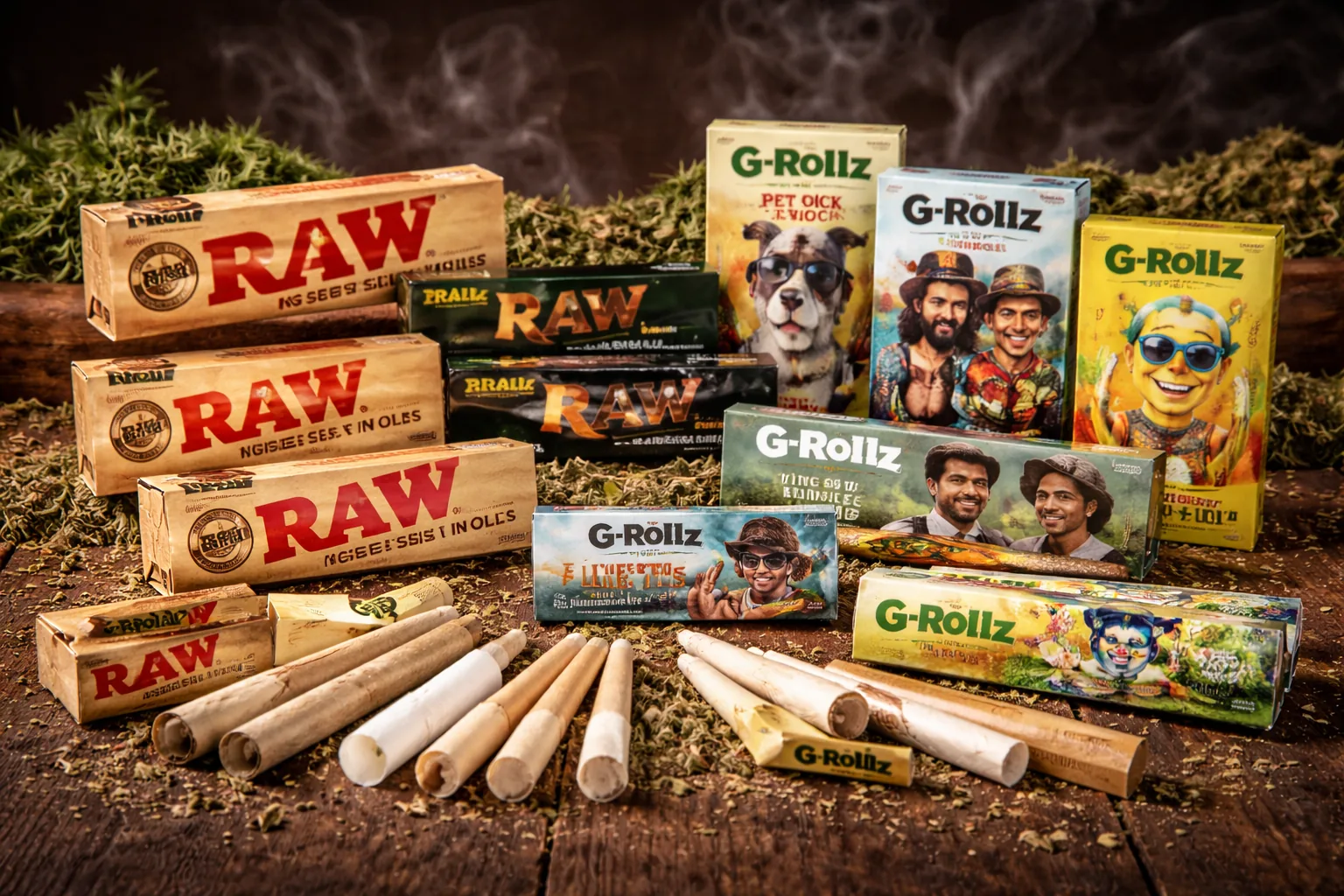 RAW- und G-Rollz-Papers mit Filtertips auf einem Holztisch
