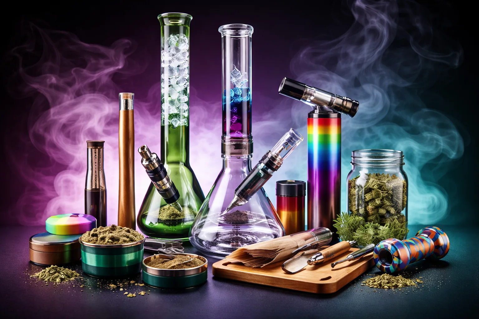 Auswahl an Bongs, Grindern und Aufbewahrungsgläsern