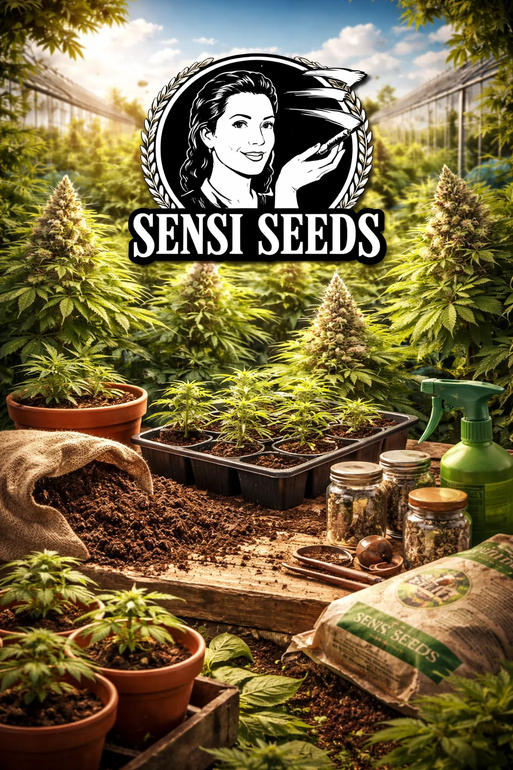 Sensi-Seeds-Logo über Pflanzen und Anzuchtschalen