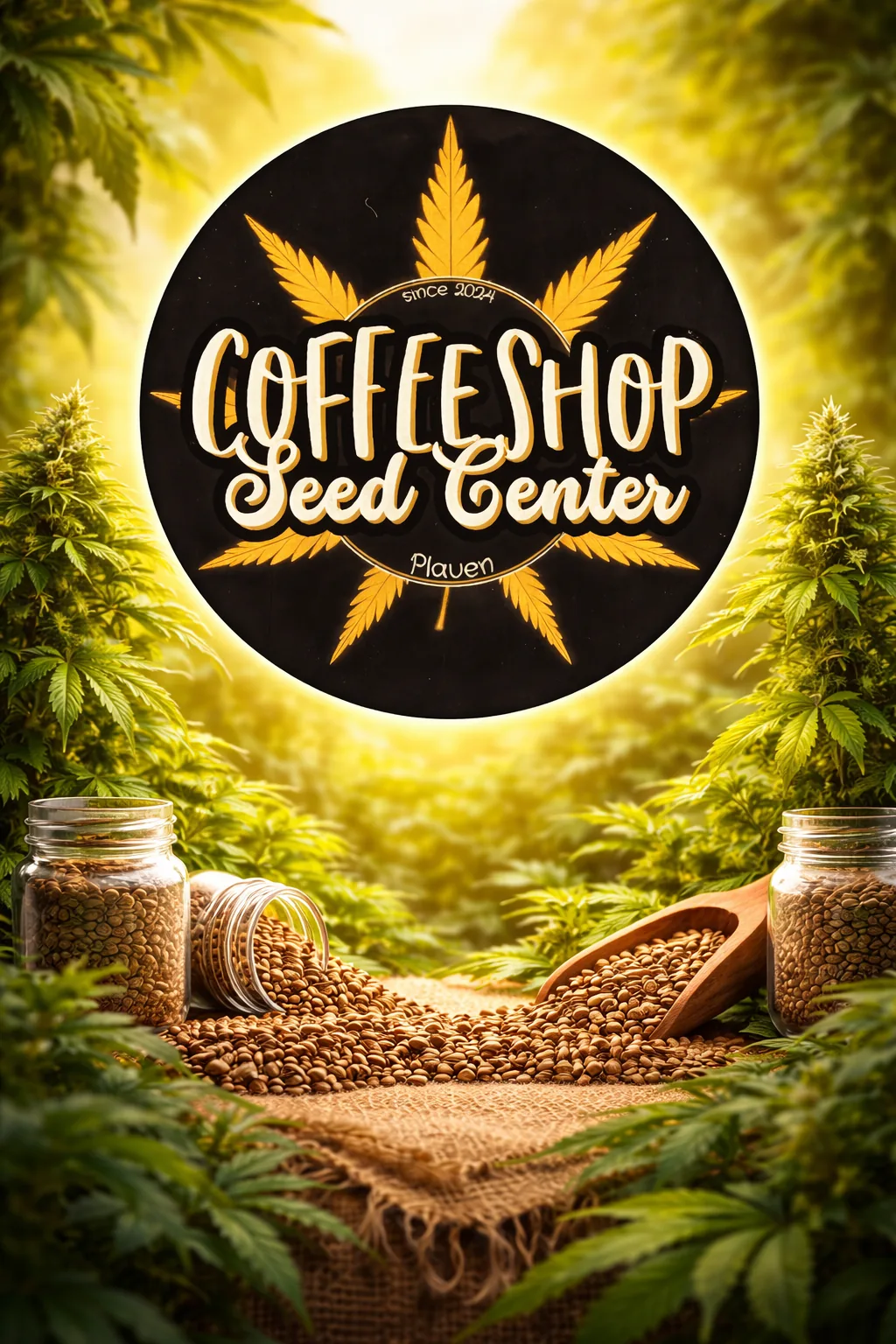 Logo des Coffeeshop Seed Center über Pflanzen und Samen