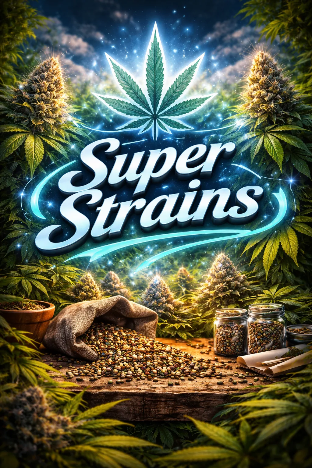Super-Strains-Logo über Cannabispflanzen und Samen