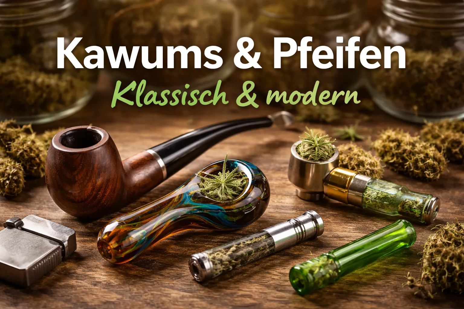 Pfeifen und Kawums auf einem Holztisch, Schriftzug „Kawums & Pfeifen“